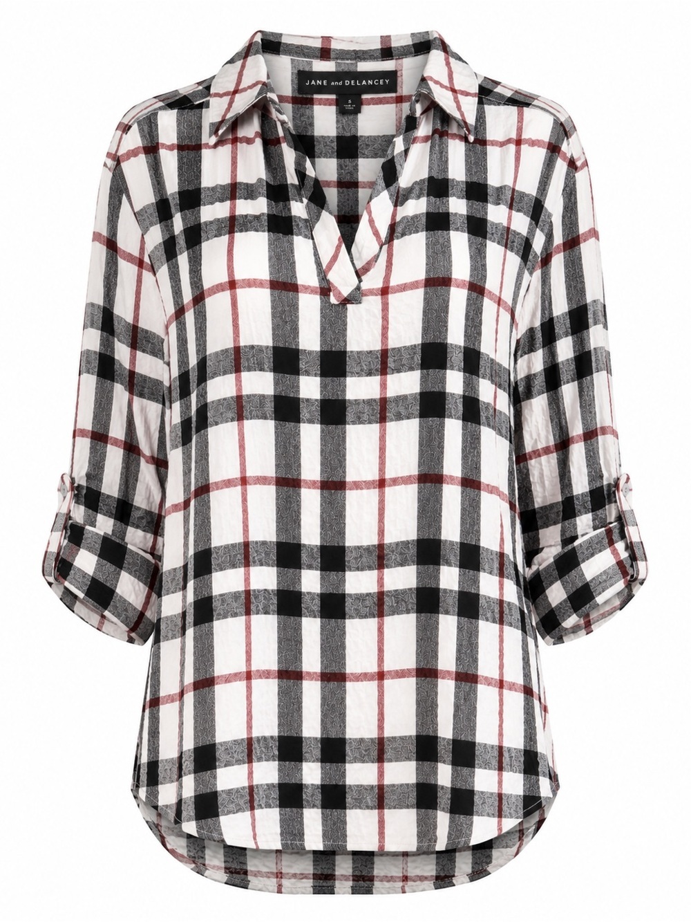 Jane & Delancey Plaid Popover Blouse Size Small Roll Tab Sleeve Top